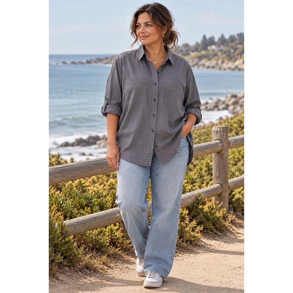 LL Bean Womens 1X Plus Tencel Button Down Shirt Slate Gray Oversized Coastal